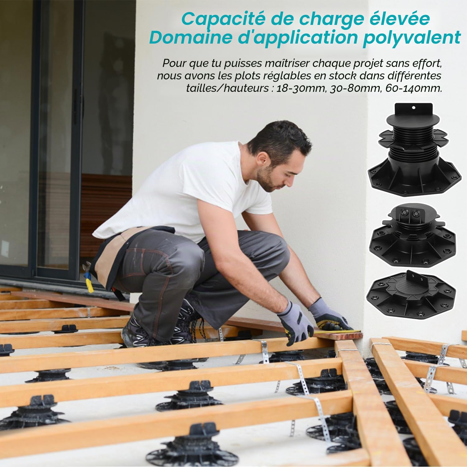 Gimisgu Lot de 100 plots réglables en hauteur - Pied réglable de 18 à 30 mm - Pour palier de plaque de terrasse - Sous-structure en bois, WPC et pierre - Charge maximale de 600 kg
