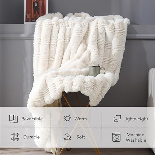 Miniatura 2 de LuxenrelaX Manta de felpa de piel sintética, elegante manta mullida con patrón de ondas de agua, manta cálida y esponjosa para cama, sofá, blanco