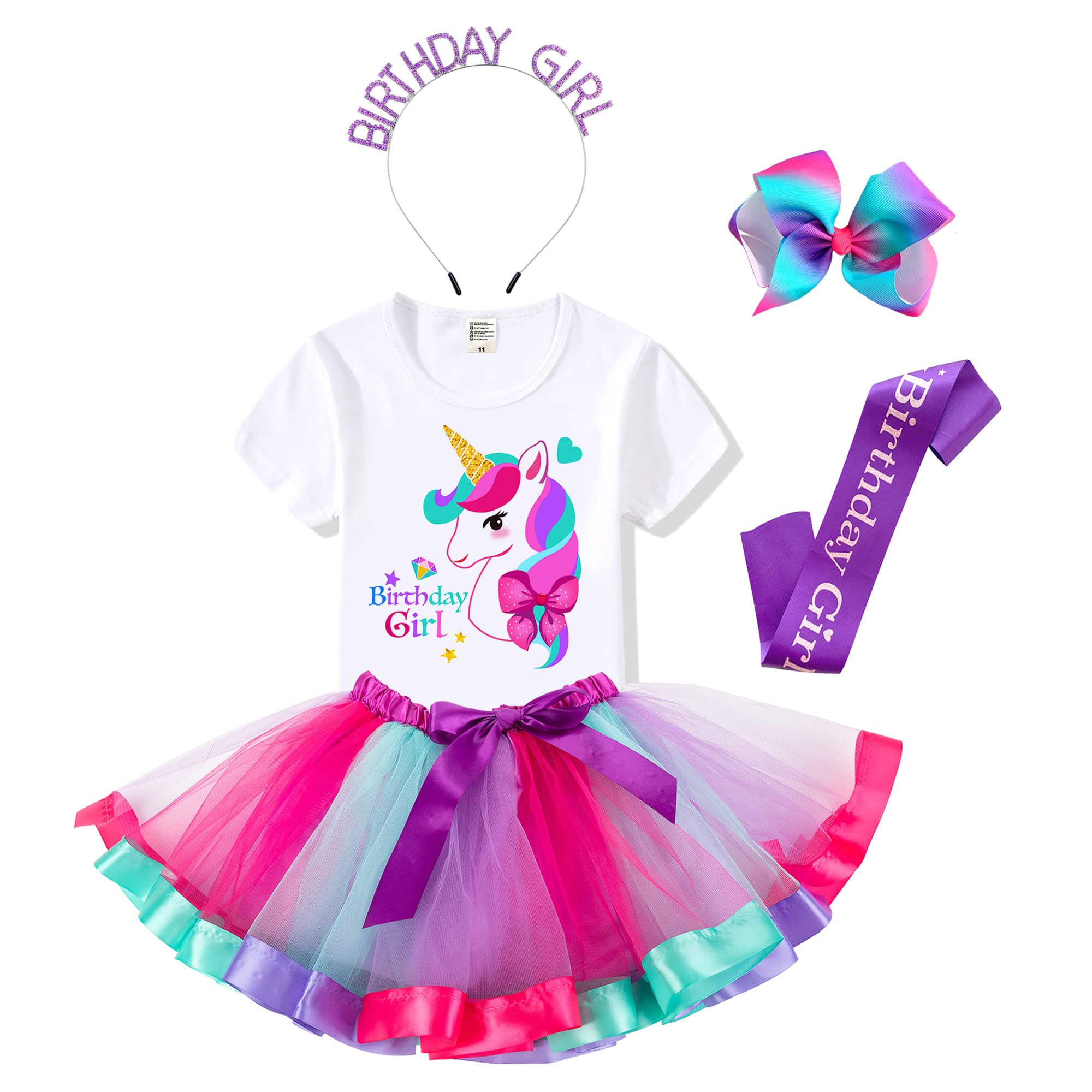 Birthday Girls Costume – Shirt, Tutu Skirt, Satin Sash, Headband - Unicorn Gifts for Girls