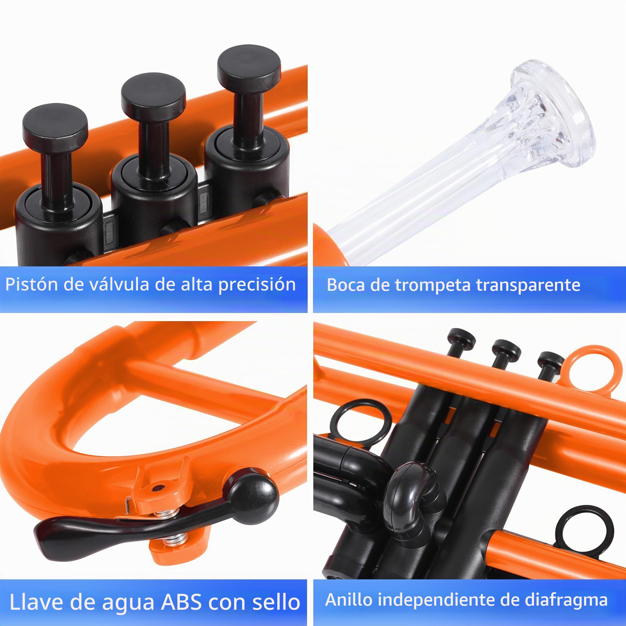 PAMPET Juego de trompeta profesional de plástico para estudiantes principiantes con boquilla 7C y boquilla 3C, instrumento de trompeta Bb naranja