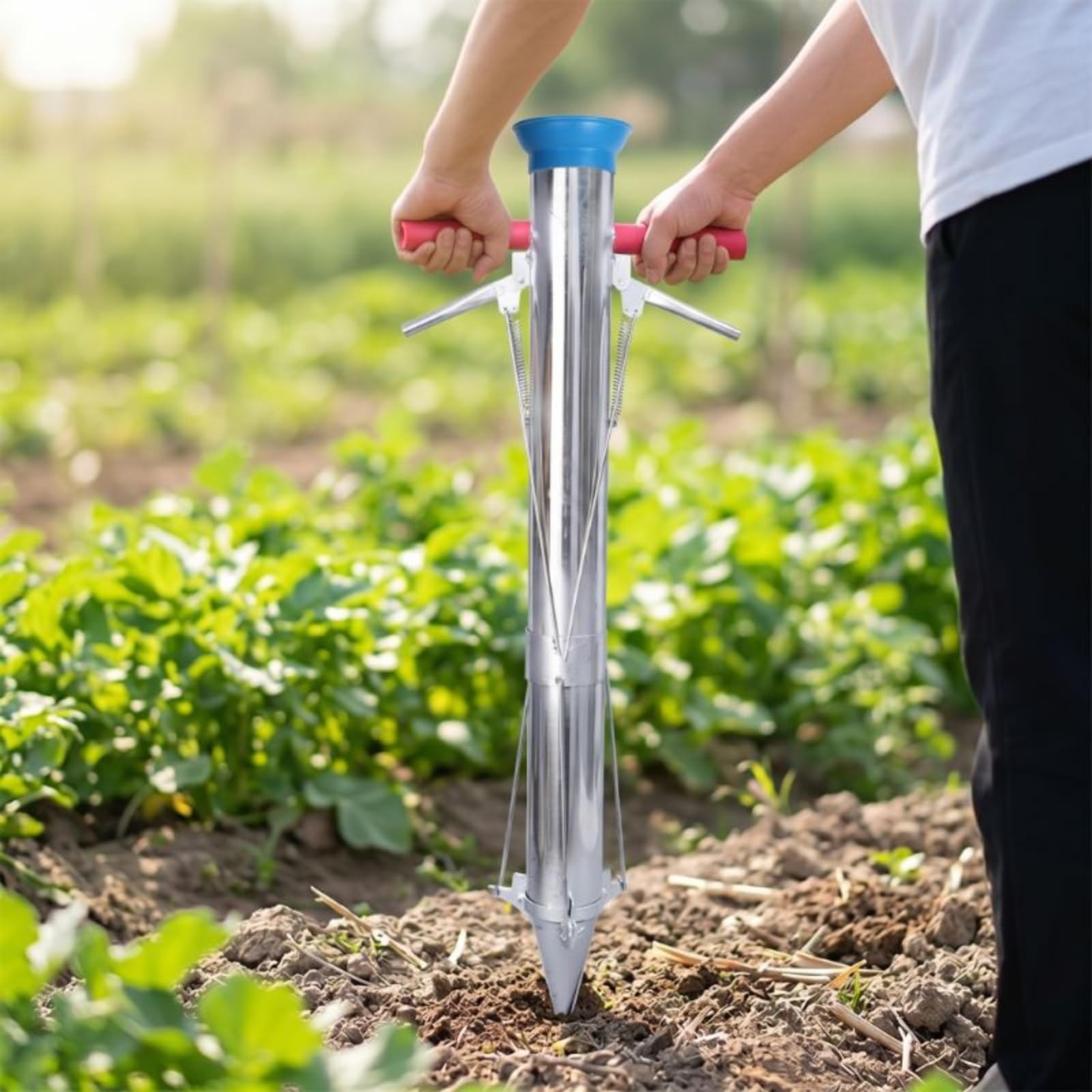 Gemüsepflanzer Pflanzstab Umpflanzgerät Pflanzrohr Ergonomisch mit Langer Stielkonstruktion aus Edelstahl Und, Klein, Verdickter Edelstahl, Doppelter Griff, Fußpedal, Klein, Pflanzmaschine