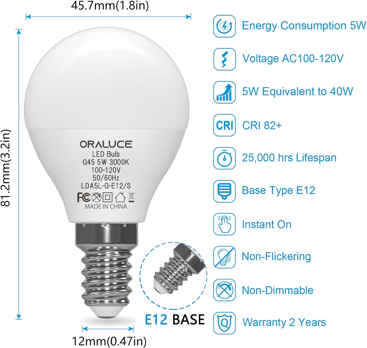 ORALUCE E12 LED Bulb 40 Watt Equivalent,Warm White 3000K Candelabra LED Light Bulbs,A15 LED Bulb for Ceiling Fan and Chandelier Lamp,450 Lumen Non-Dimmable 6 Pack
