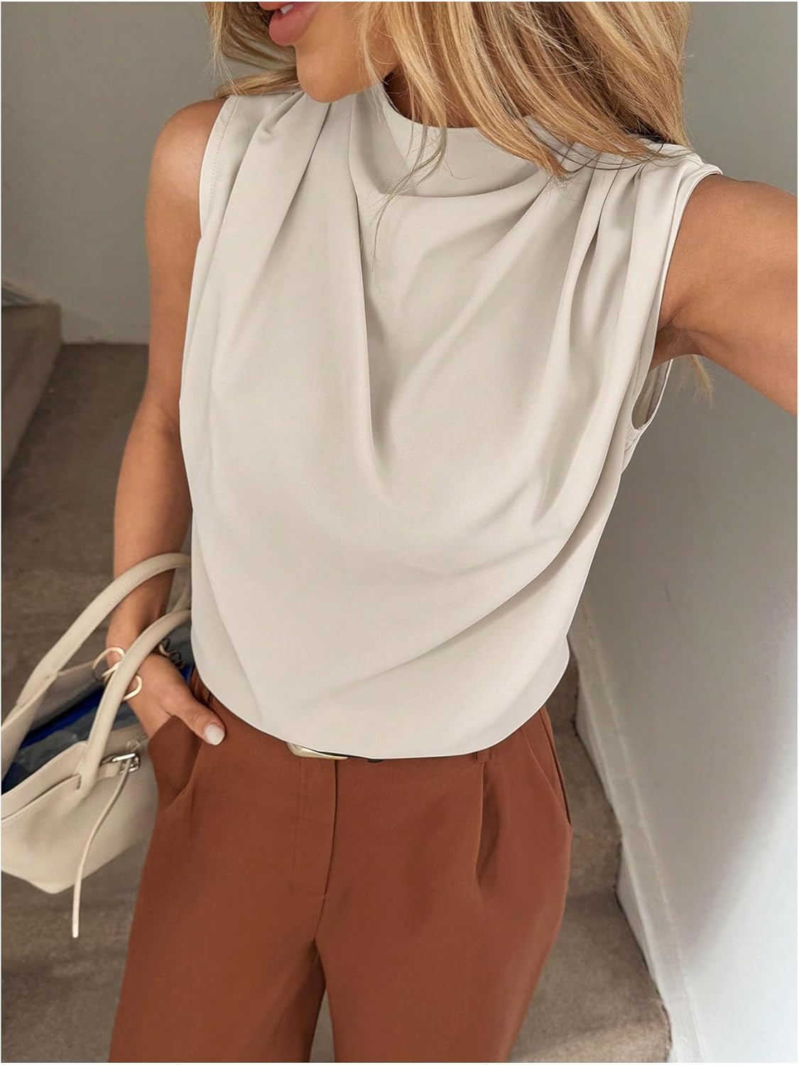 SHENHE Women's Mock Neck Sleeveless Ruched Blouse Dressy Casual Business Work Draped Top - Image 4