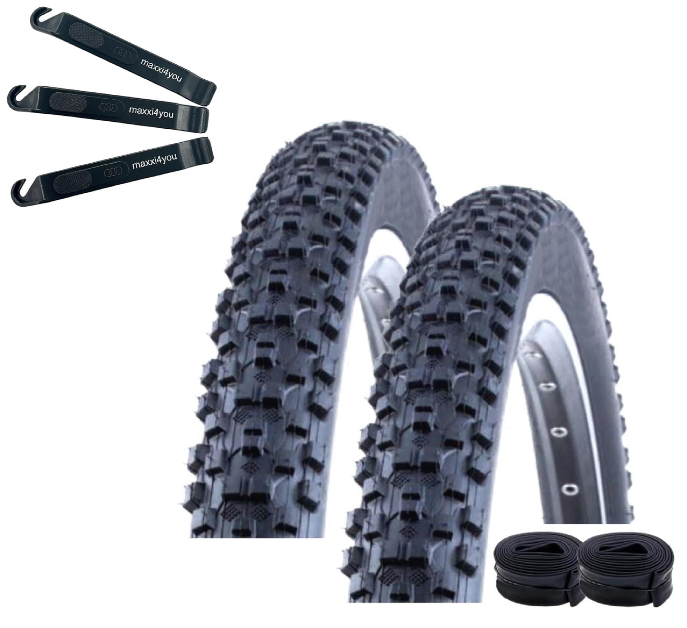 2 x Kenda K-1027 MTB Fahrradreifen Schwarz 52-584 (27.5 x 2.10) + 2 passende Schläuche AV inkl. maxxi4you Reifenheber