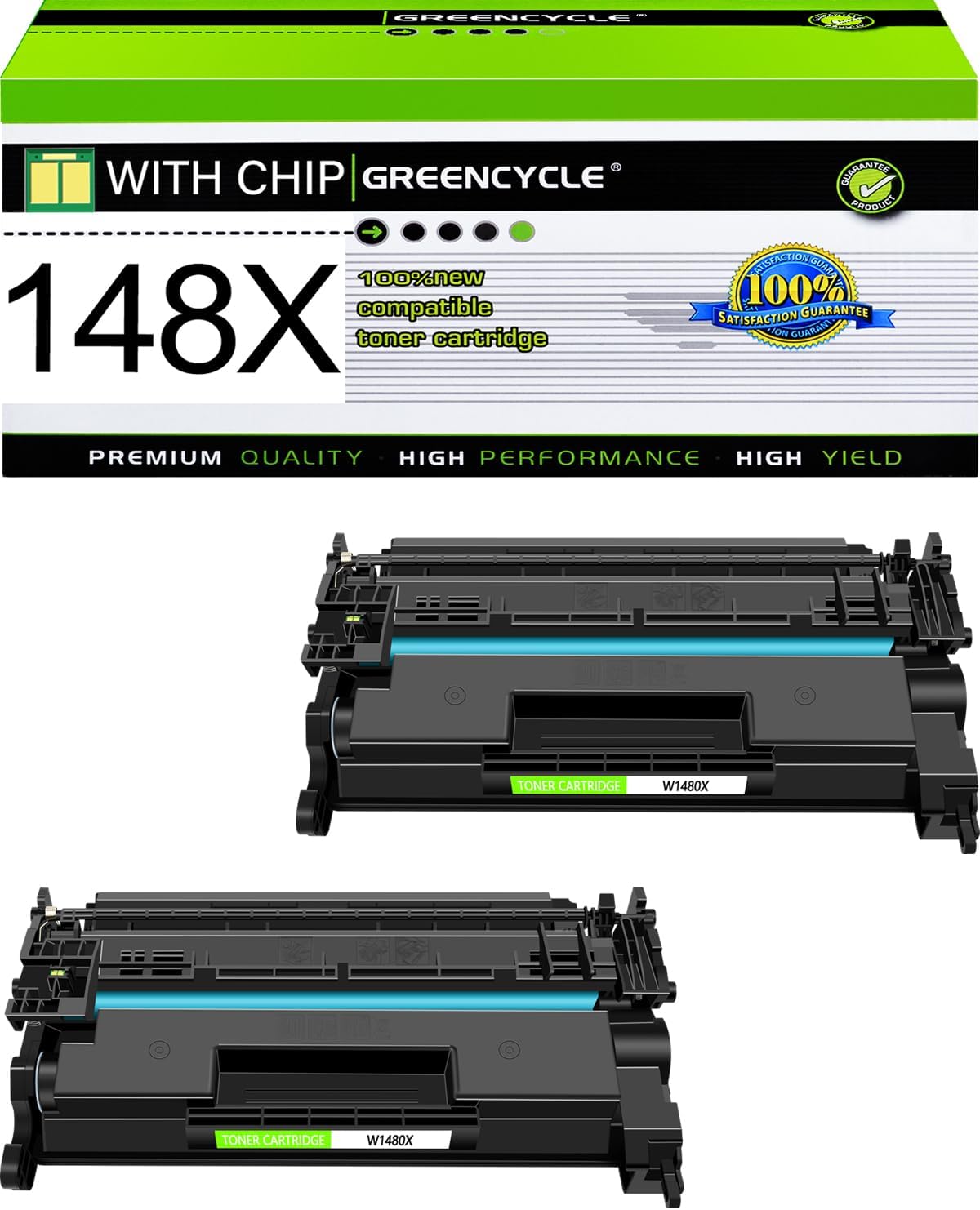 greencycle 148X Cartridge Replacement Compatible for HP 148X Black Toner Cartridge W1480X 148A Pro Ink Cartridge Work with Laser Jet Pro 4001dw 4001dn 4001n MFP 4101fdw 4101fdn (2PCS,with Chip)