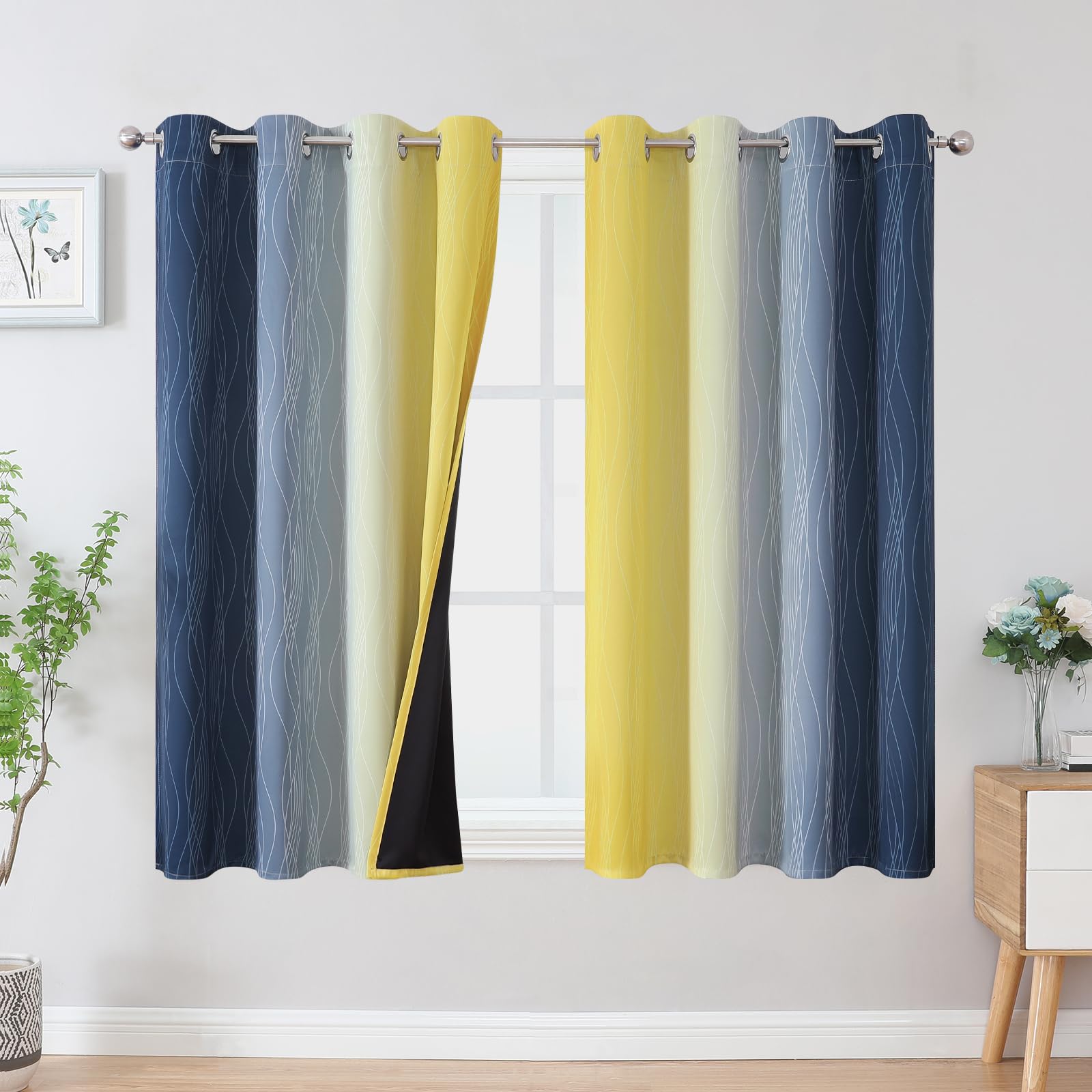Estelar Textiler Navy Blue and Yellow Blackout Curtains 54 Inch Length