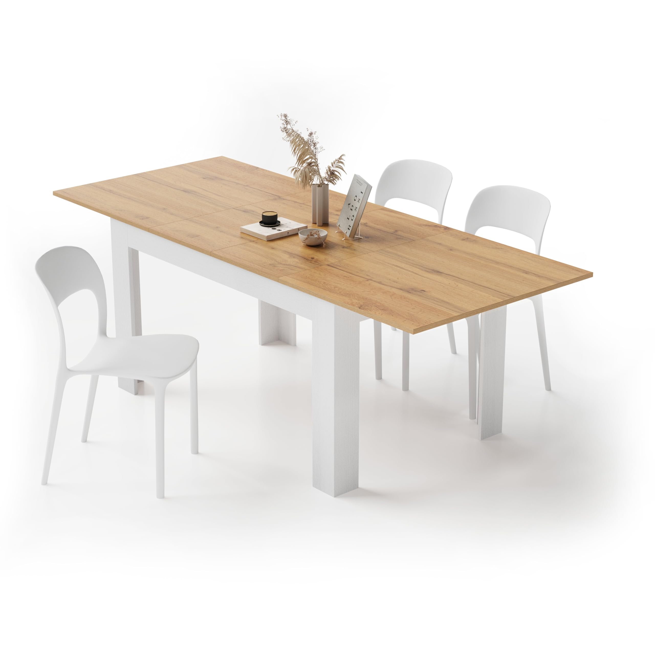 MOBILI FIVER, Ausziehbarer Esstisch Easy, 140(220) x90 cm, Rustikale Eiche und Esche Weiss, Made In Italy