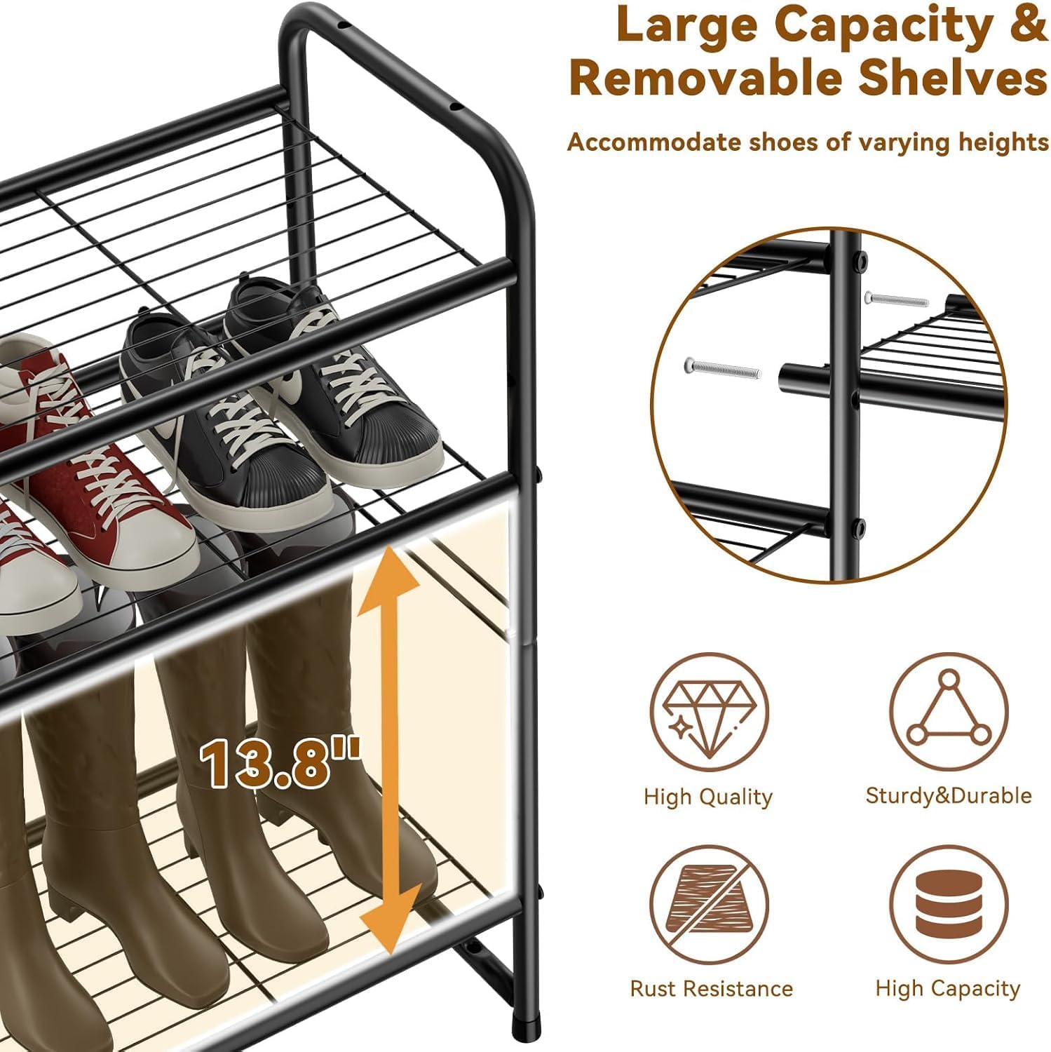 Shoe Rack, 4 Tier 32.5" Wide Stackable Metal Shoe Shelf with Height-Adjustable for Entryway, Closet, Black