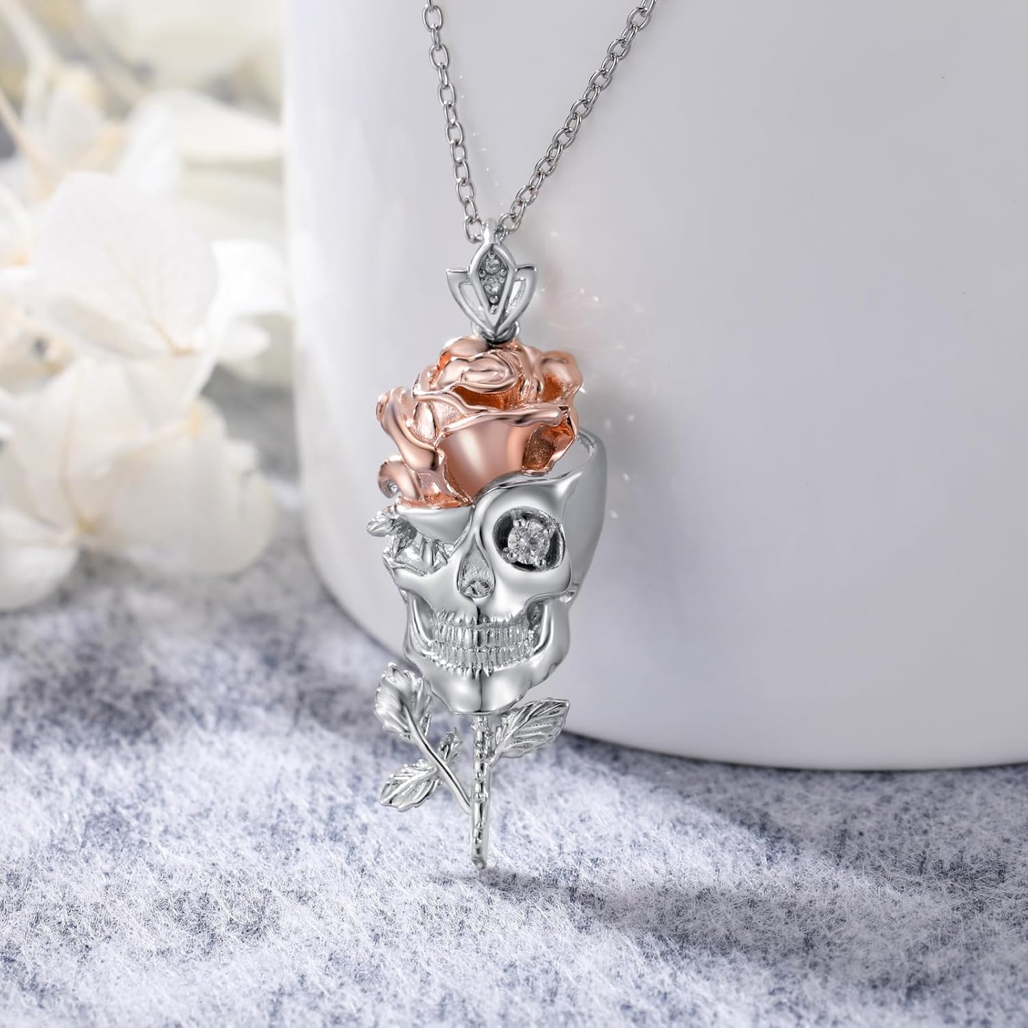 Diamond Skull Rose Necklace 925 Sterling Silver Pendant Necklace Jewelry Gifts for Women Wife Girlfriend - Image 2