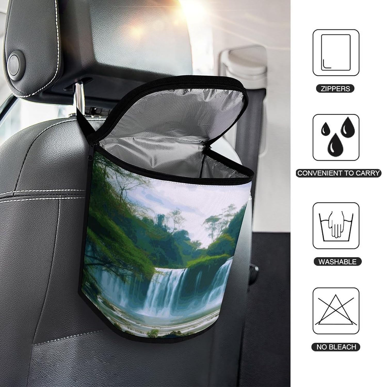 Waterfall Scenery Car Trash Can Bin Bag Waterproof Car Garbage Can Bag Trash Can for Car Car Trash Can for Women Men Garbage Can for Car Car Trash Can with Lid Trash for Car Trucks Rvs