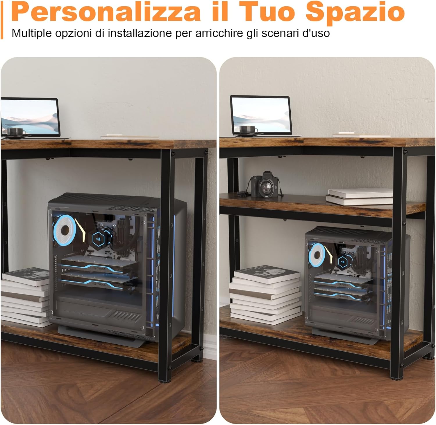 Customizable storage space with PC tower on shelves