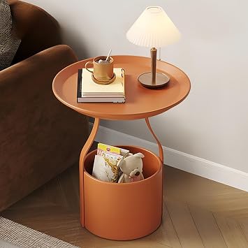 Round Side Table Double Layer Storage Round Base Small Coffee Table Round Living Room Sofa Bedside Table Waterproof Lightweight Stylish Modern Assembly Easy Home Decor Small Apartment Orange, 15.7 inches 40 cm