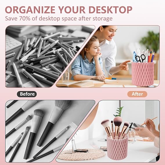 Desk Organisers Pen Holder 360° Rotating Makeup Organiser Stationary Desk Organisers with 5 Compartments Pen Pot for Home Office School Classroom (Pink)