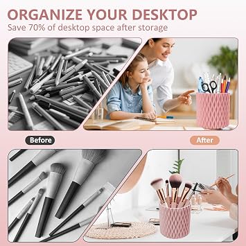 Desk Organisers Pen Holder 360° Rotating Makeup Organiser Stationary Desk Organisers with 5 Compartments Pen Pot for Home Office School Classroom (Pink)