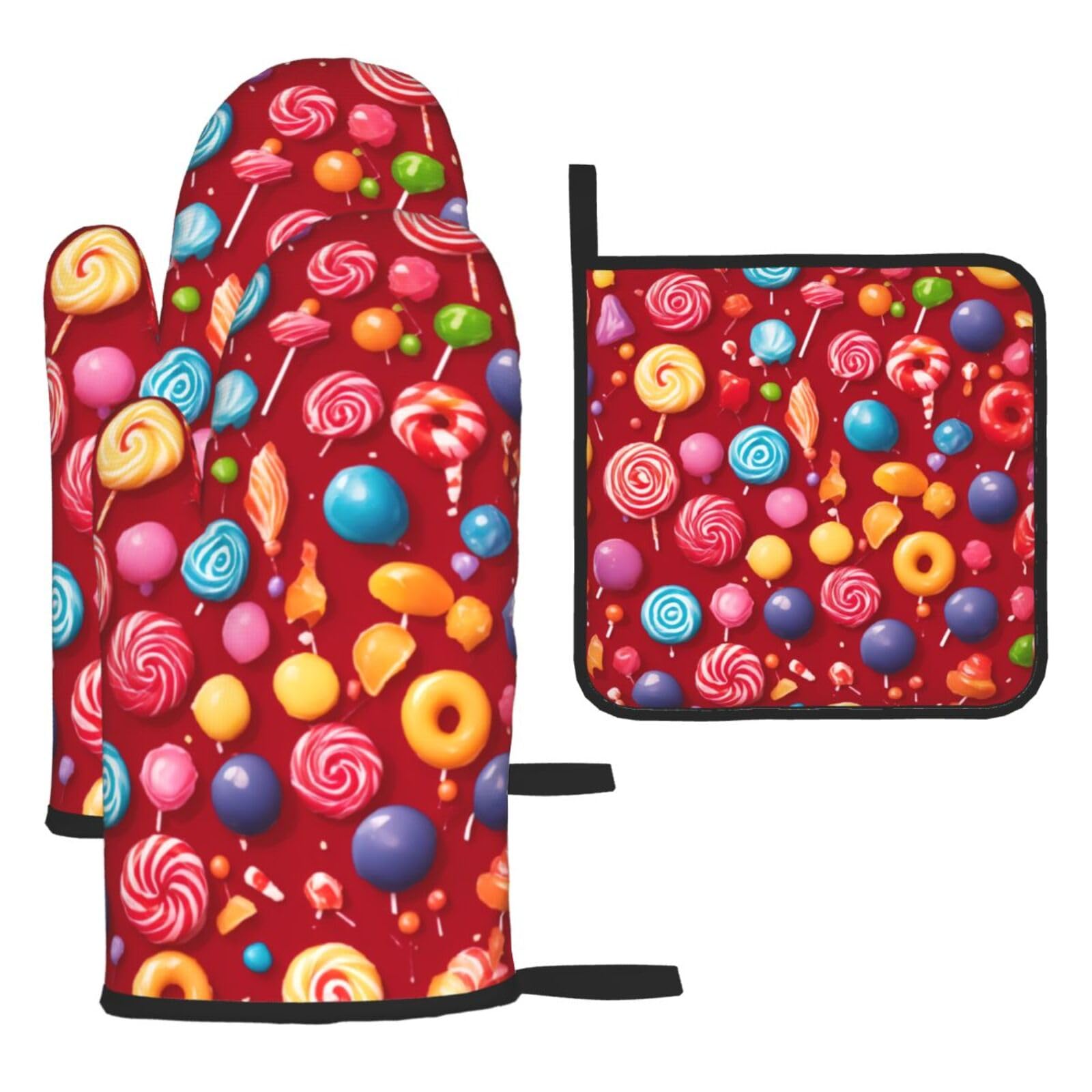 Lollipop Print Oven Kitchen Gloves For Baking Outdoor Grilling Home Use Mitts Microwaving Bbq