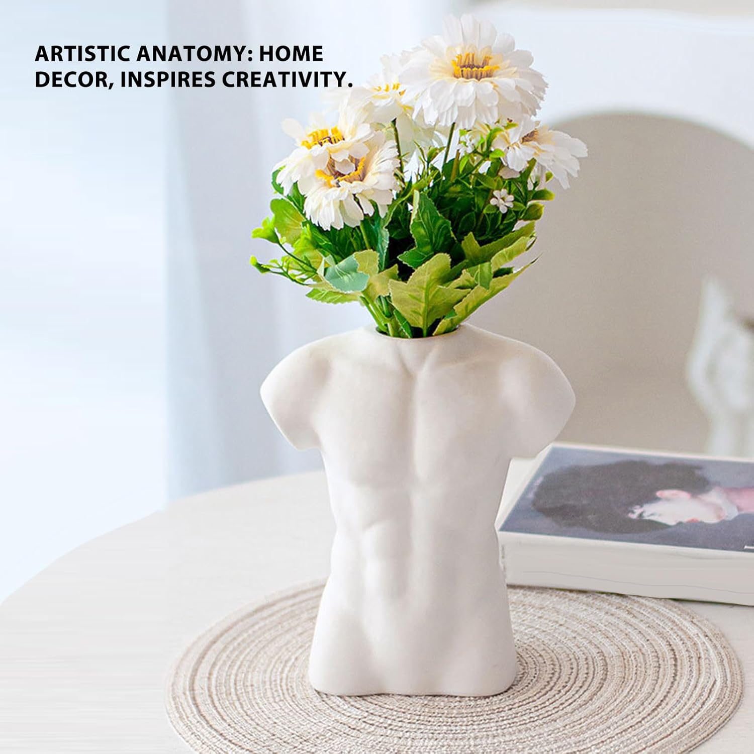Male Body Vase, White Ceramic Male Form Body Flower Vases, Home Decor Body Vase, Man Statue Bust Art Vase, Modern White Vase Planter Pots for Office Home Indoor Decoration