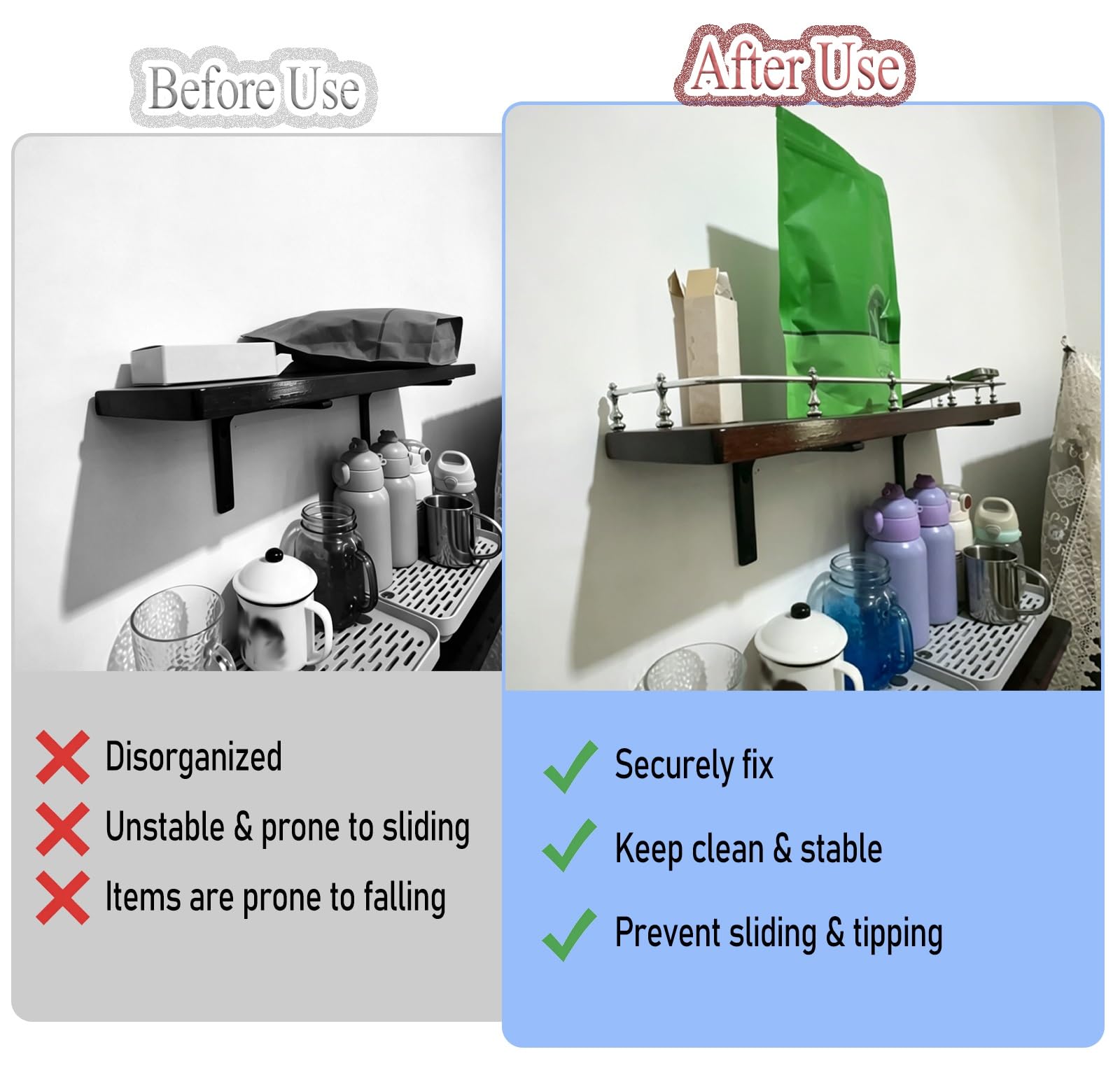 Barre di protezione per mensole in argento, per mobili da armadio, accessori per ringhiera contemporanea, ribaltabile, facile installazione (61 cm)