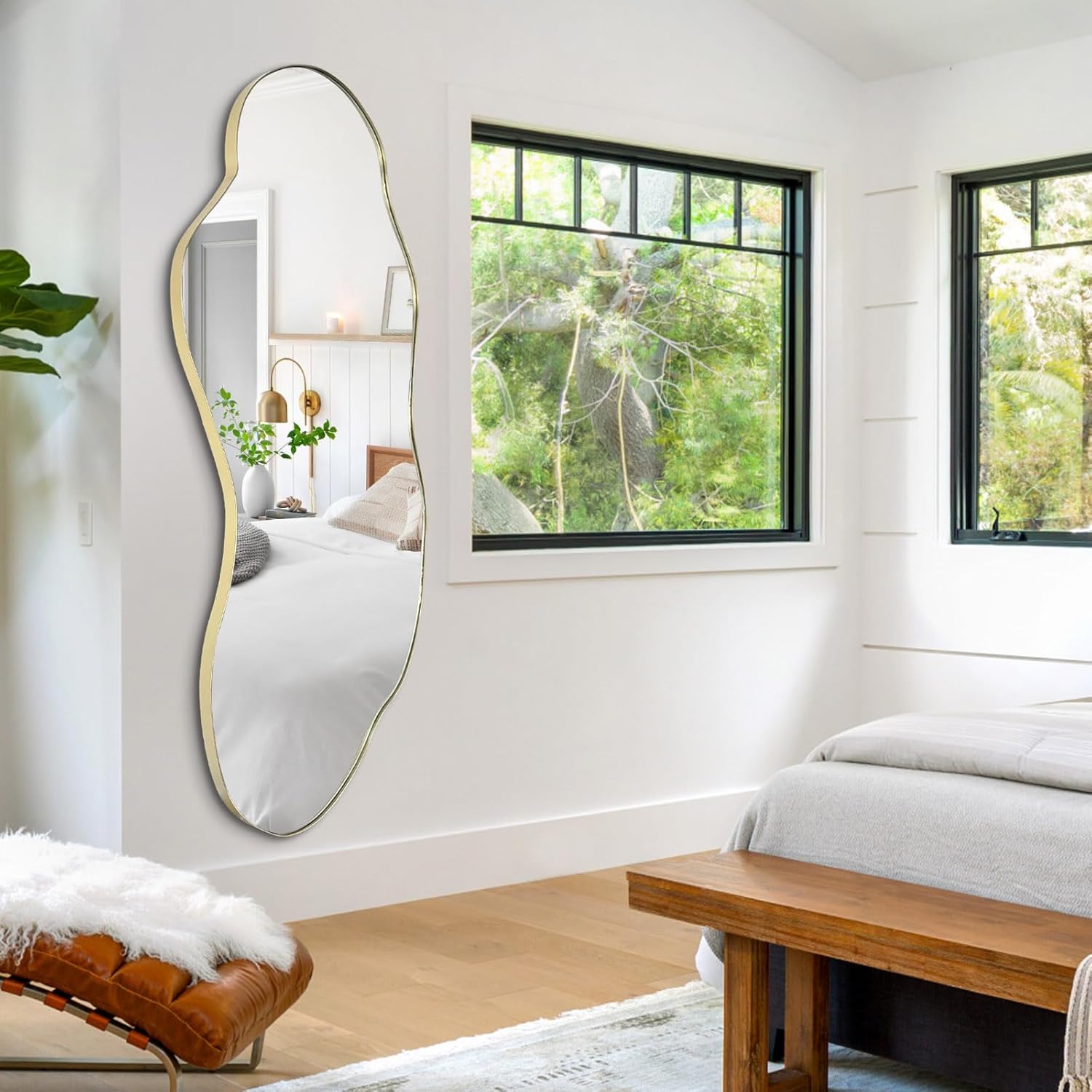 Large Irregular Mirror, 63"x27.2" Asymmetrical Full Length Mirrors with Gold Metal Frame, Modern Abstract Wall Mirrors for Living Room Bathroom Bedroom Hallway Entryway Fireplace