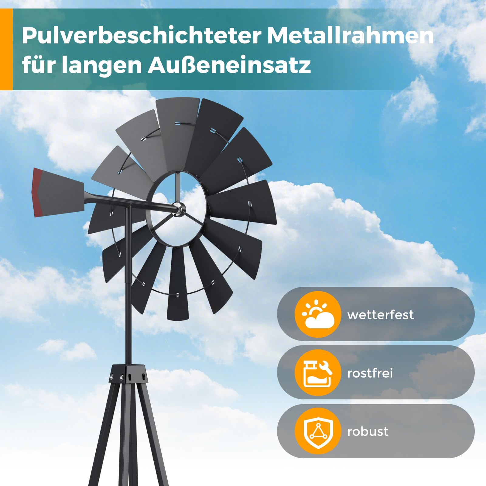 GOPLUS Metalowy wiatrak, wysokość 253 cm, dzwonki wiatrowe, wodoszczelny, odporny na warunki atmosferyczne, wiatrak z kołkami do wbijania w ziemię i strukturą w kształcie litery X, dekoracja ogrodowa