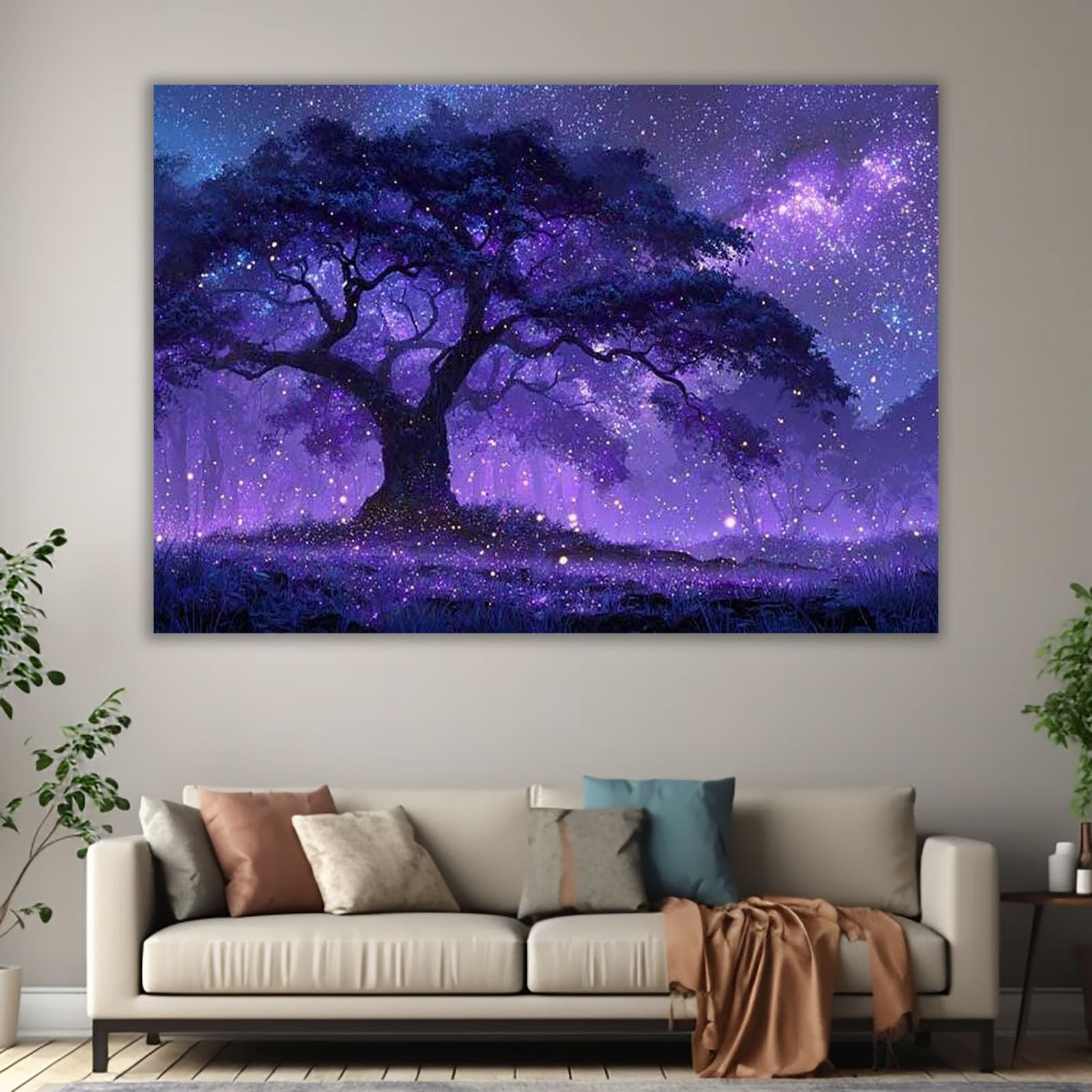 TERUEA Cuadros Decoracion Salon yoga femenino Lienzos decorativos Árbol Mágico Noche Estrellada Fantasía para dormitorio, baño,（Purple-80x120cm1 Sin marco