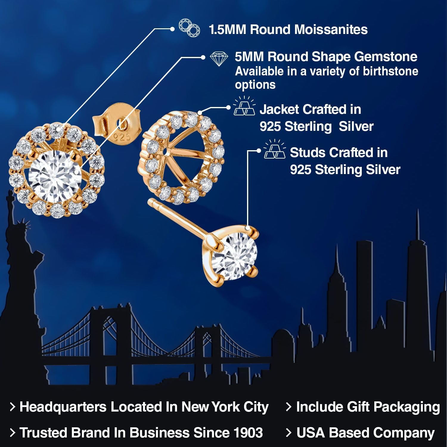 Gem Stone King 18K Yellow Gold Plated Silver Women Stud Earrings with Removable Jackets Round Lab Grown Diamond and Moissanite (1.42 Cttw) - Image 2