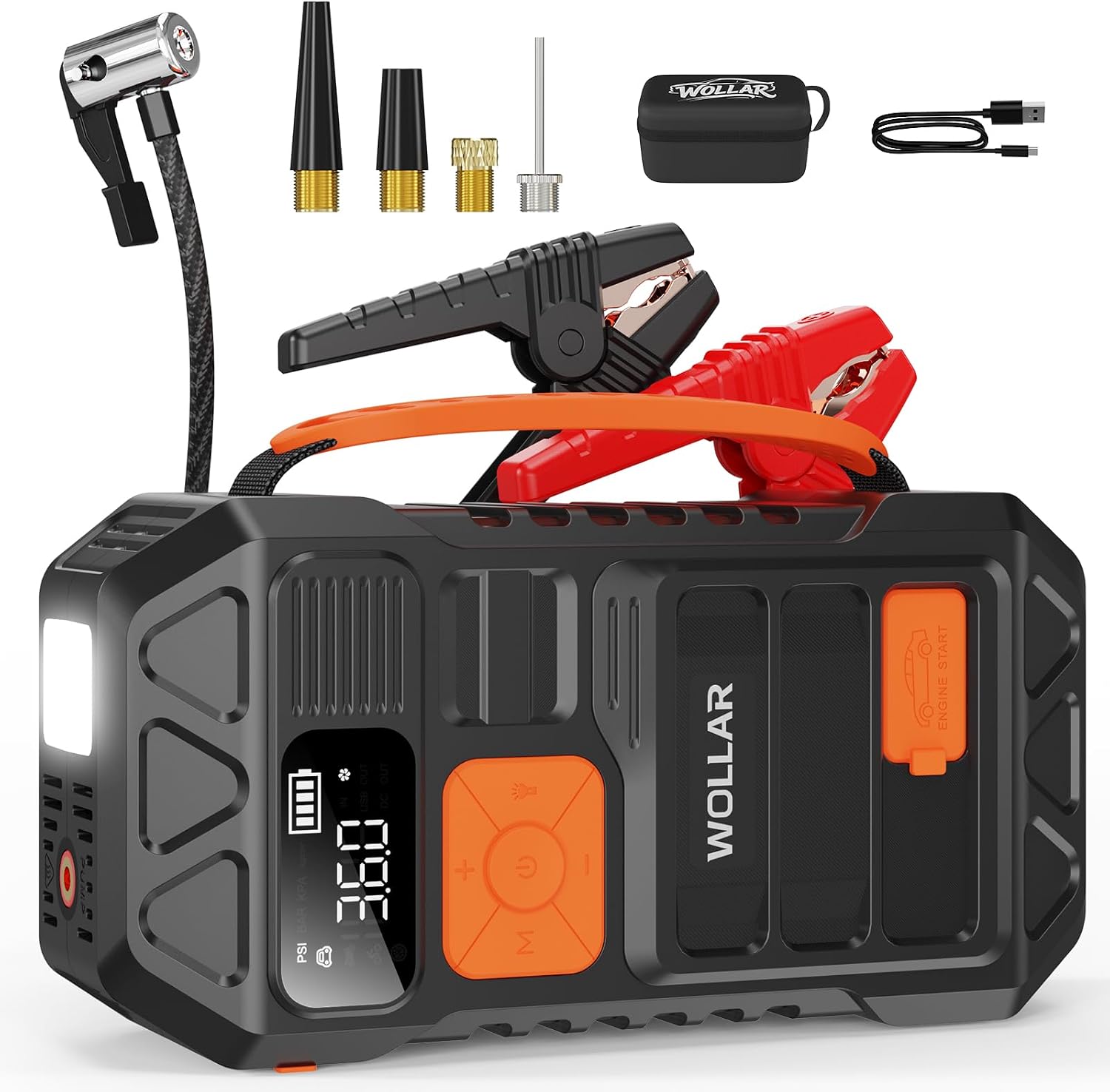 (-33%) WOLLAR 4000A Starthilfe Powerbank mit 160PSI Zweizylinder Kompressor - 12V Auto Batterie-Booster, 24000mAh Starter Powerbank, 88.8Wh Reifenfüller, LED-Anzeige für 10L Benzin-/Dieselmotoren, LED-Licht