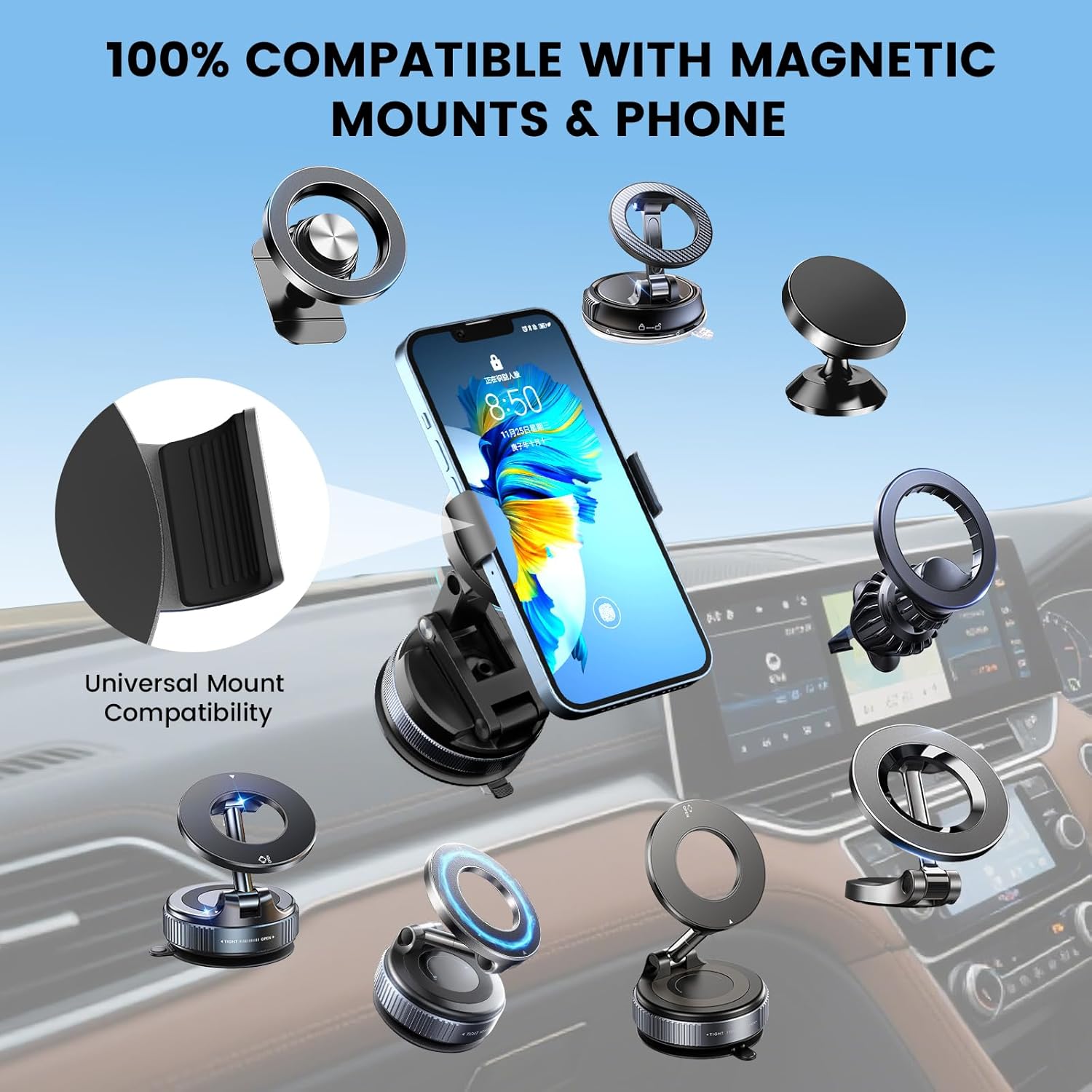 Phone Clamp for Magnetic Car Phone Holder, Aviation Aluminum Grey - No Magnetic Case & Rings Needed, Enhanced Suction & Magnetic, Compatible with All Magnetic Holders - Image 3