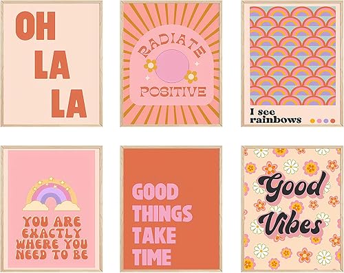 Juego de 6 pósteres estéticos retro de color rosa moderno con cita inspiradora, decoración de pared de arco iris, decoración de habitación naranja y