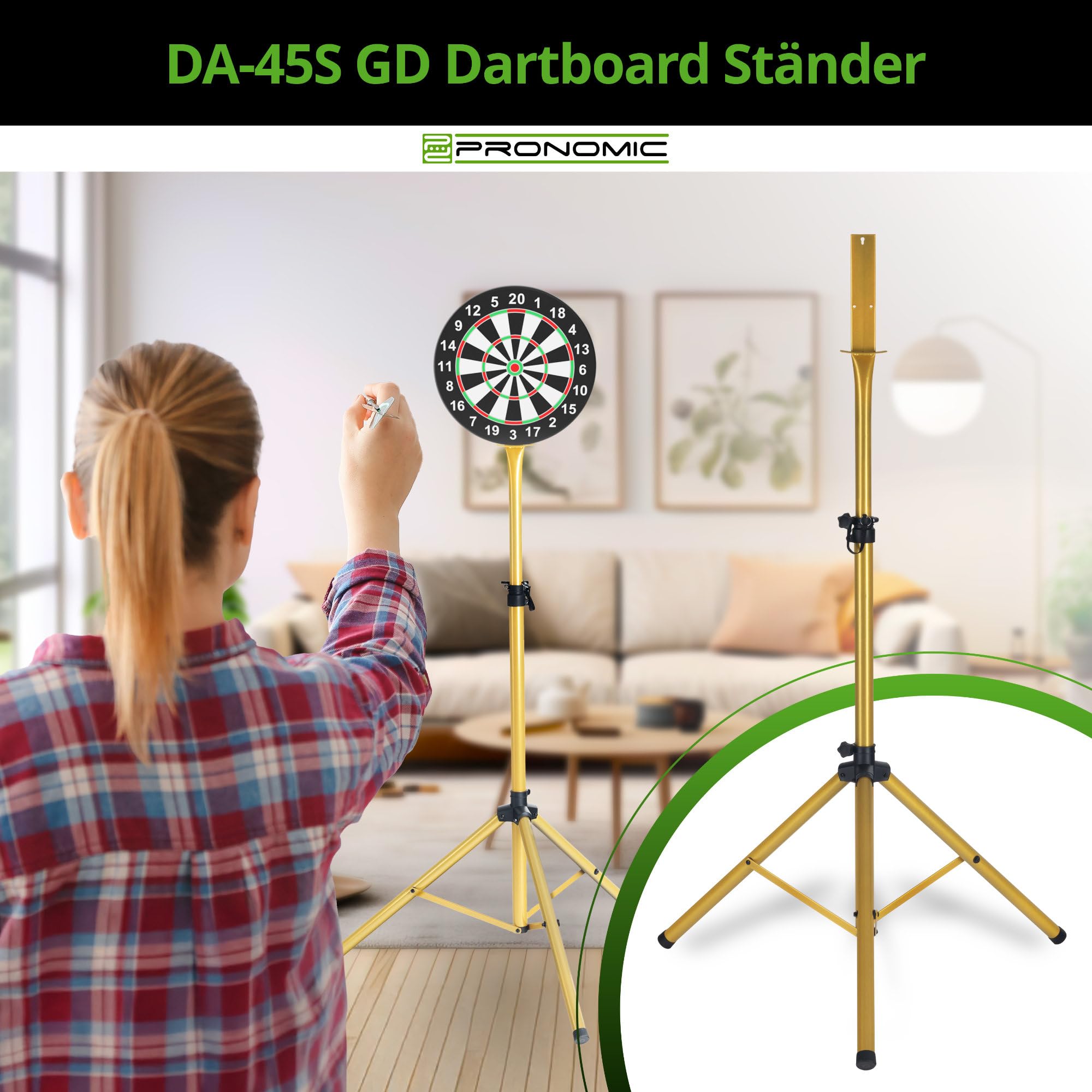 Pronomic DA-45S GD Support pour Cible de Fléchettes - Support Dartboard - Support Fléchettes en Acier Doré - Hauteur Réglable sans Palier - Or