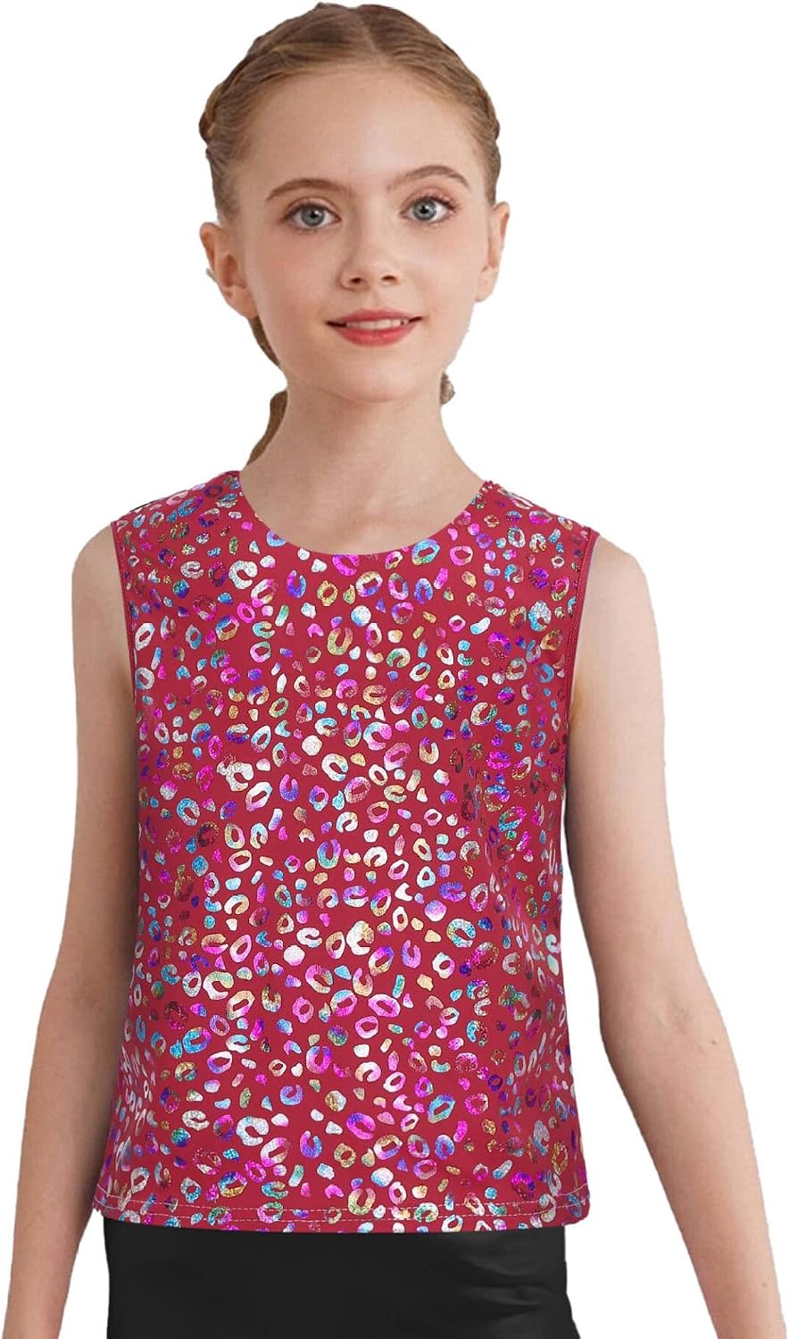 Kids Girls Metallic Tank Tops Shiny Dance Shirt For Hip Hop Disco Dancing Stage Party Wear