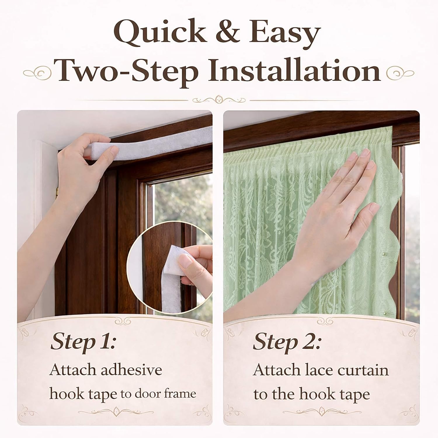 Door Window Curtains Set of 2, No Drill Adhesive for Glass, Light Filtering Front Door Curtains Lace Bow Tie-Backs (26" W x 73" L - Green)