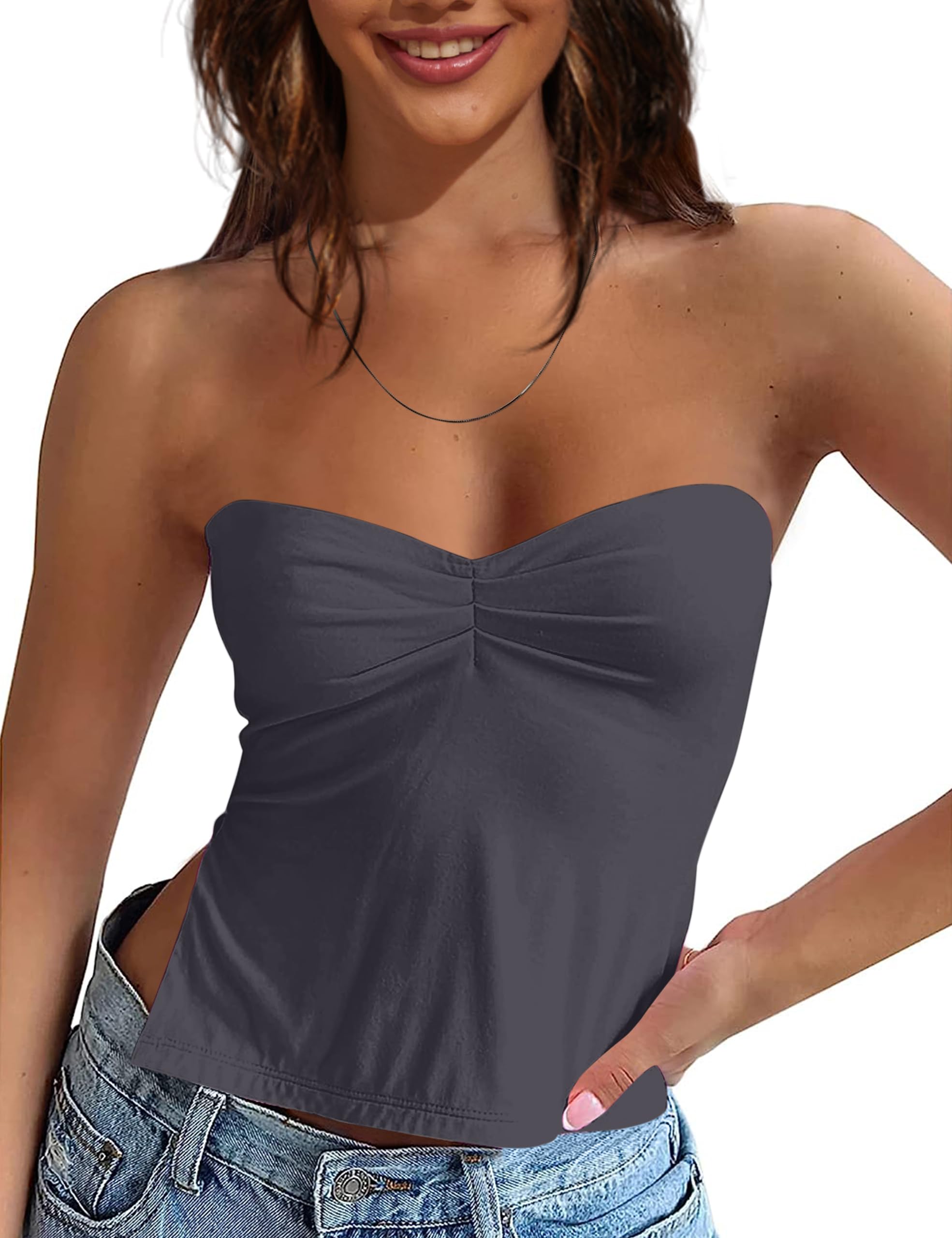 LauweionWomen's Strapless Skinny Tube Top Sweetheart Neck Slits Off Shoulder Pleated Sleeveless Crop Top