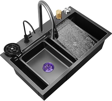 Waterfall Kitchen Sink Single Bowl Kitchen Sink Flying Rain Household Sink, Workstation Kitchen Sink Domestic Sink Set,Integrated Sink with Pull-Out Tap, Chopping Board,Cup Washer 6545cm Size 2