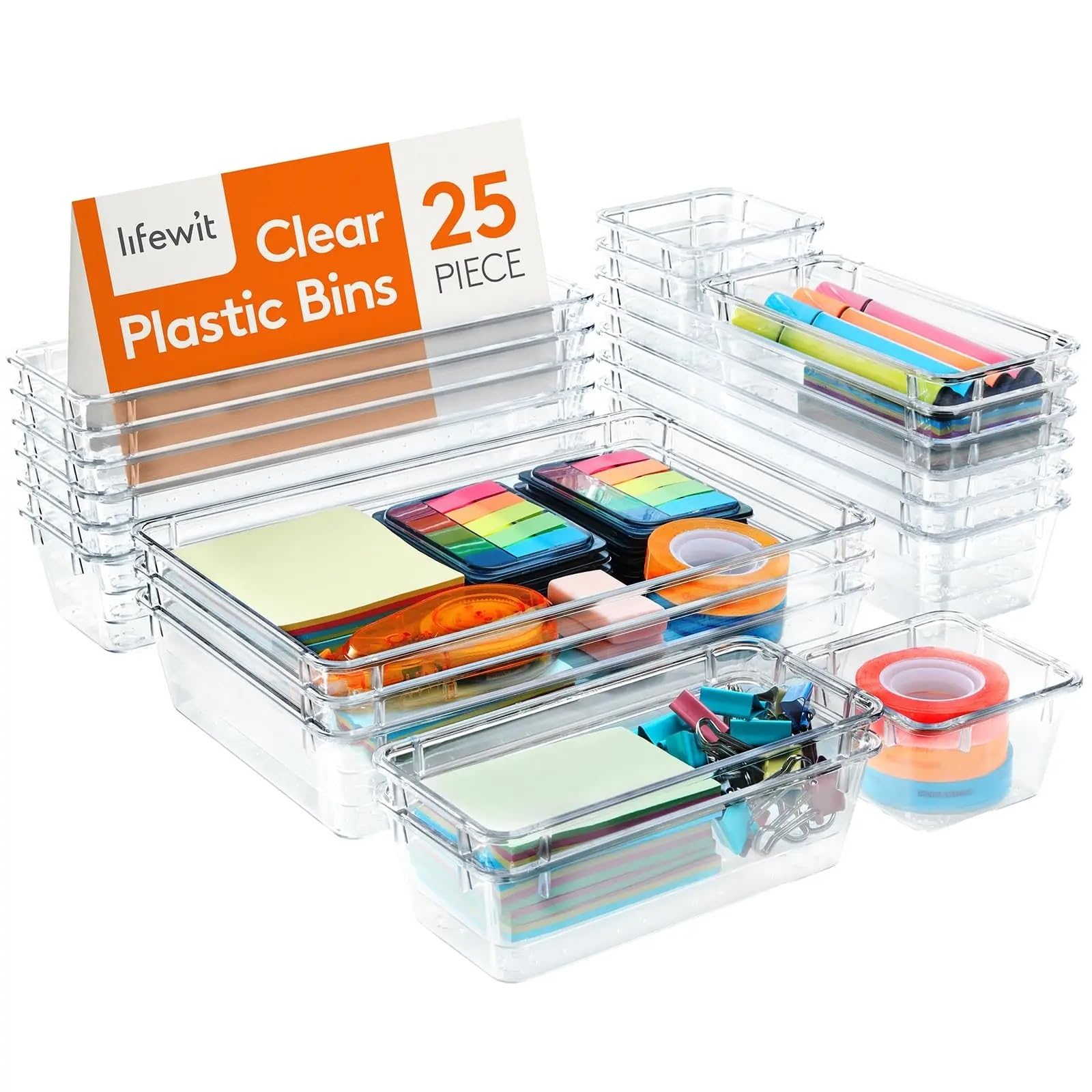 Organizer Cassetti 25 PCS Drawer Organiser Set Clear Plastic Desk Organizer Dividers Trays Dresser Storage Bins Separation Box for Makeup(Transparent-21Pcs)
