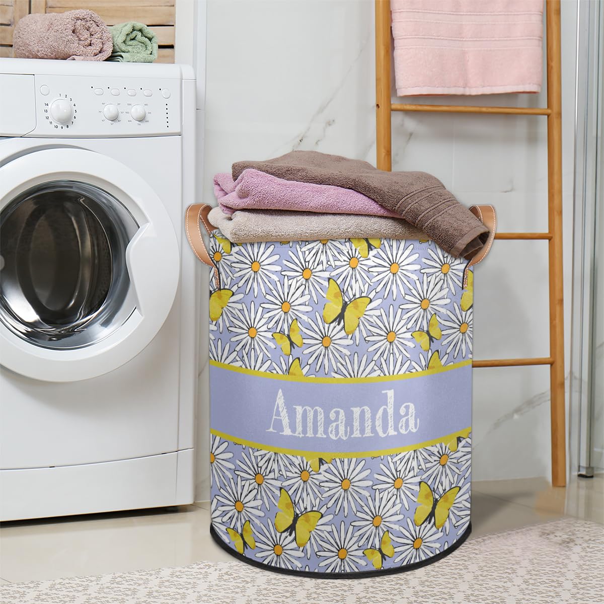 Personalized Laundry Hamper with Name Custom Name Collapsible Dirty Clothes Basket Circular Laundry Baske with Handles for Bathroom Bedrooms Dorm Chrysanthemum
