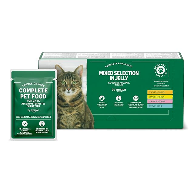 by Amazon - Alimento Completo sin Cereales para Gatos Adultos, selección mezclada en gelatina, 4,8 kg (48…