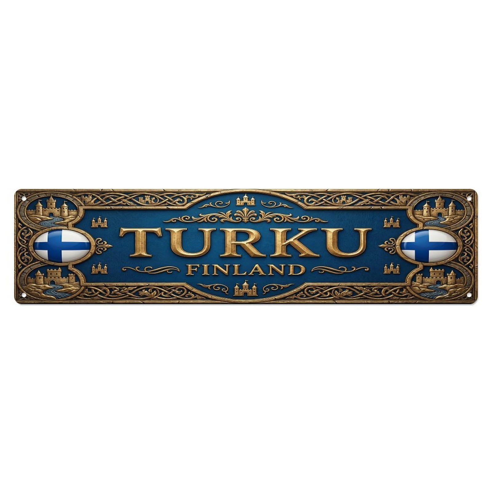 Vintage Turku Finland Flag Pattern Metal Tin Sign