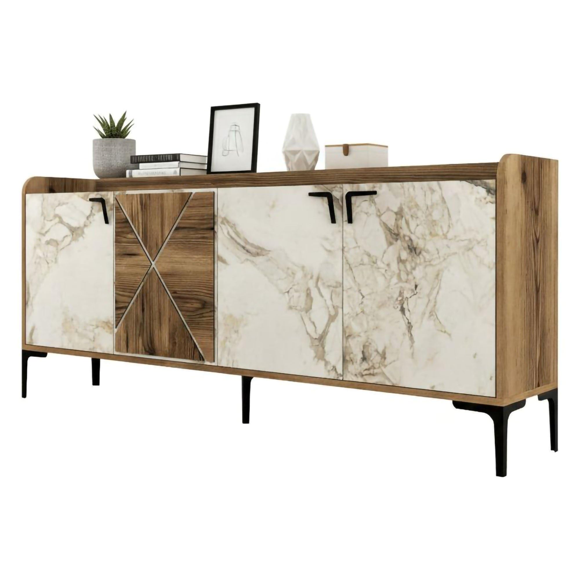 Dmora - Console Deneb, Buffet de Salon, Meuble Bas pour TV, Socle Mural équipé, 180x35 h78 cm, Noyer et Marbre Blanc