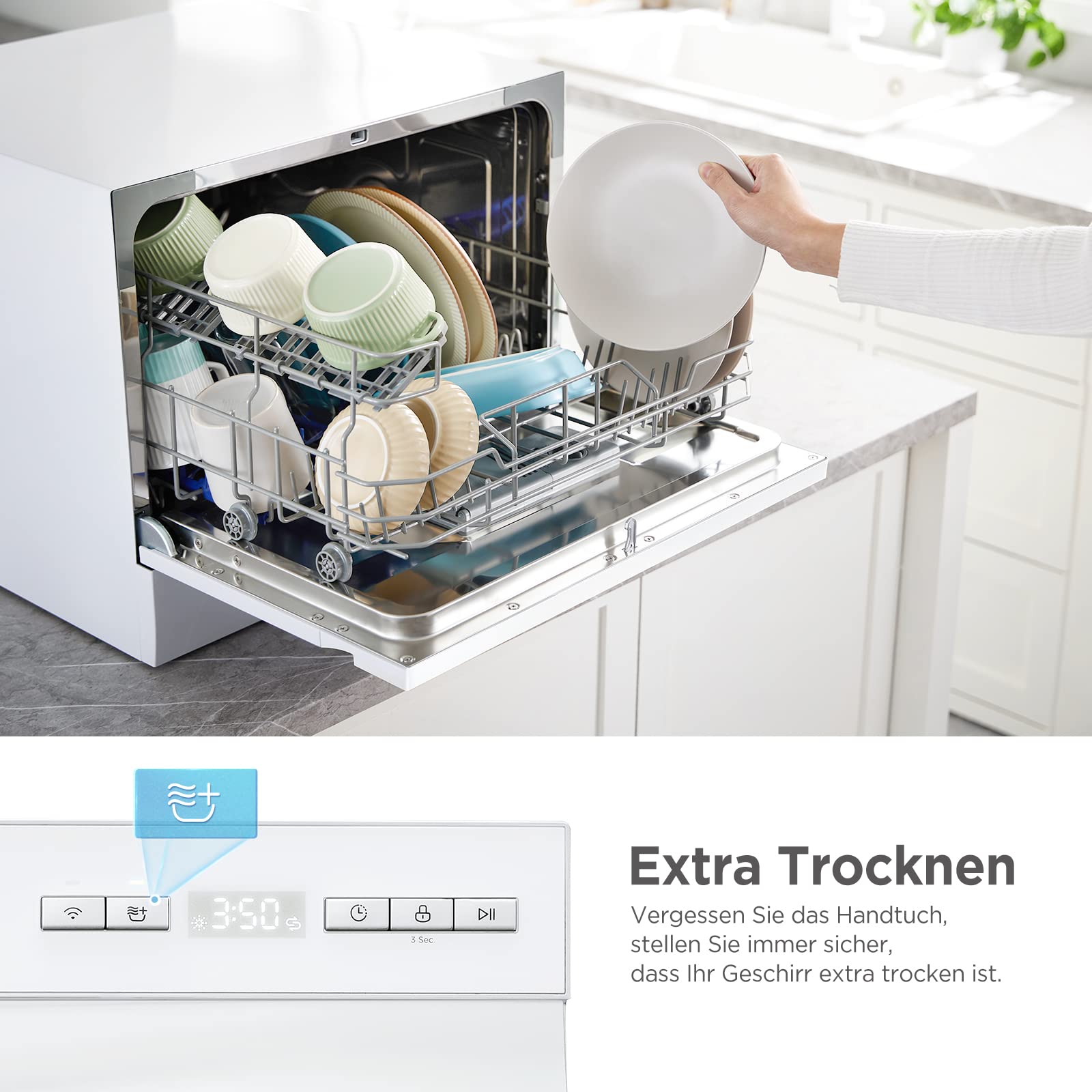 Midea Mini Geschirrspüler 6 Maßgedecke Tischgeschirrspüler EEK D 47 dB | AutoOpen, Extra Trocknen, Enthärtungssystem, WLAN App-Steuerung, Startverzögerung, Spülmaschine für kleine Wohnungen & Büro