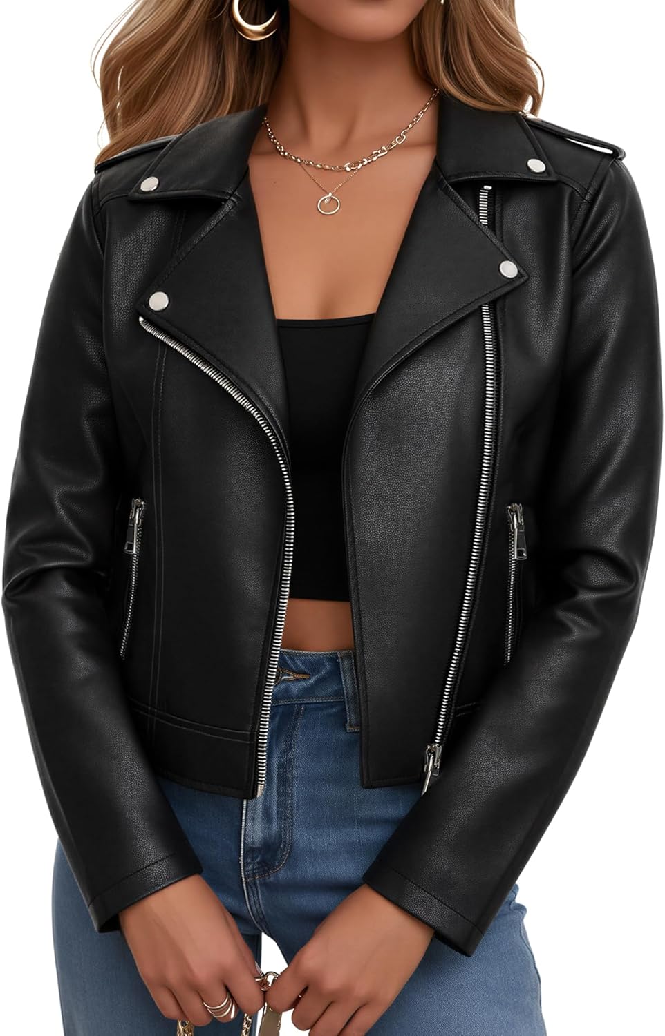 Women Leather Jacket Faux Cropped Coat Cute Short Zip Up for Casual Rock Concert Game Day Edgy Vintage Outfit
