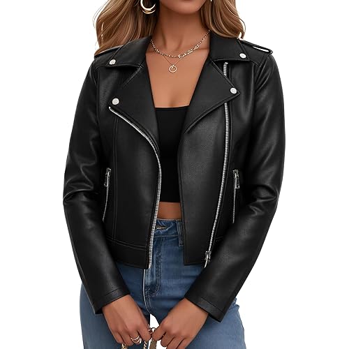 Women Leather Jacket Faux Cropped Coat Cute Short Zip Up for Casual Rock Concert Game Day Edgy Vintage Outfit