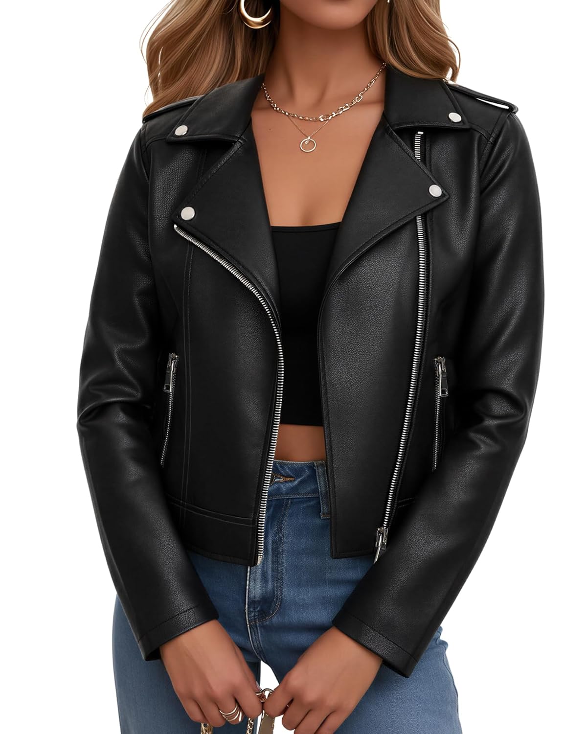 Women Leather Jacket Faux Cropped Coat Cute Short Zip Up for Casual Rock Concert Game Day Edgy Vintage