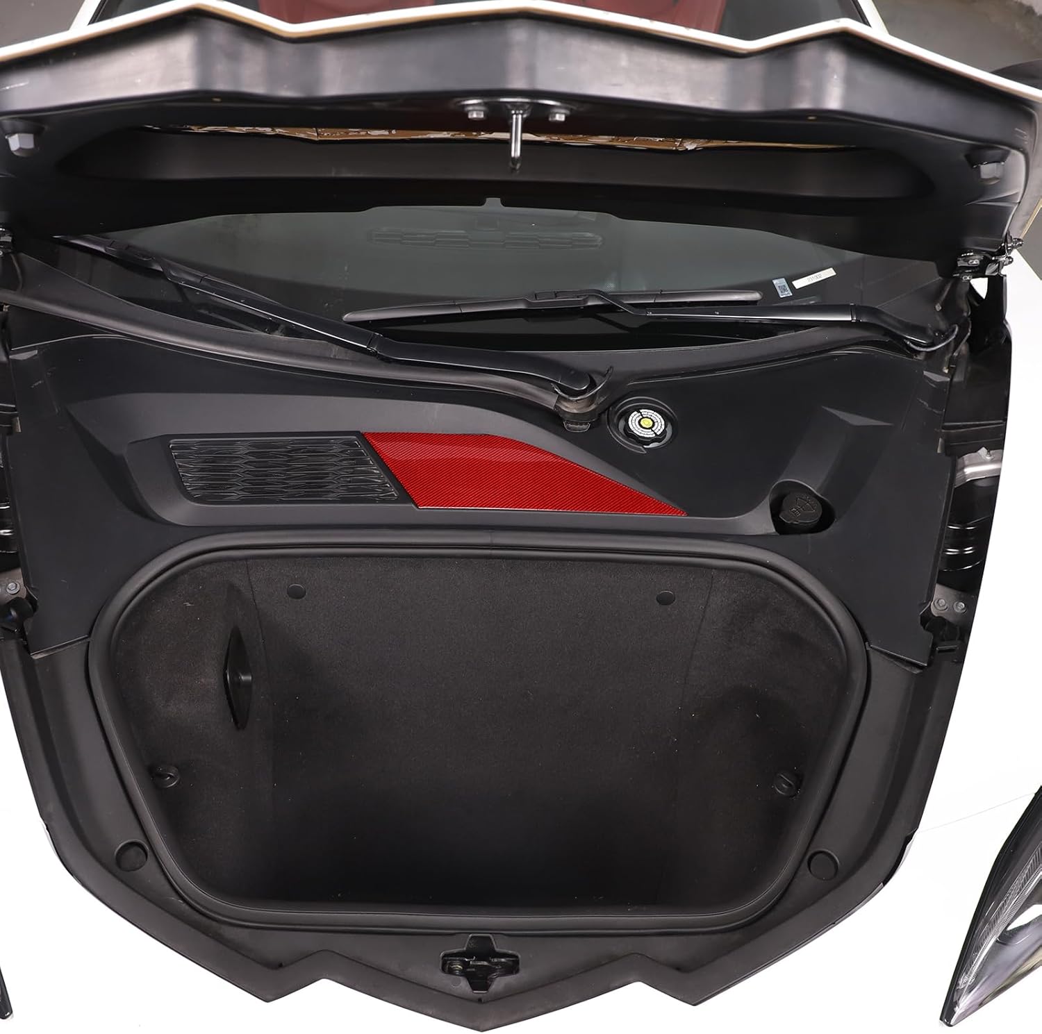 for Corvette C8 Car Front Frunk Battery Den Cover Plate Trim Compatible with Corvette C8 Stingray 2020-2024 Soft Carbon Fiber Car Frunk Battery Cover Triangle Decorative Sticker (Red)