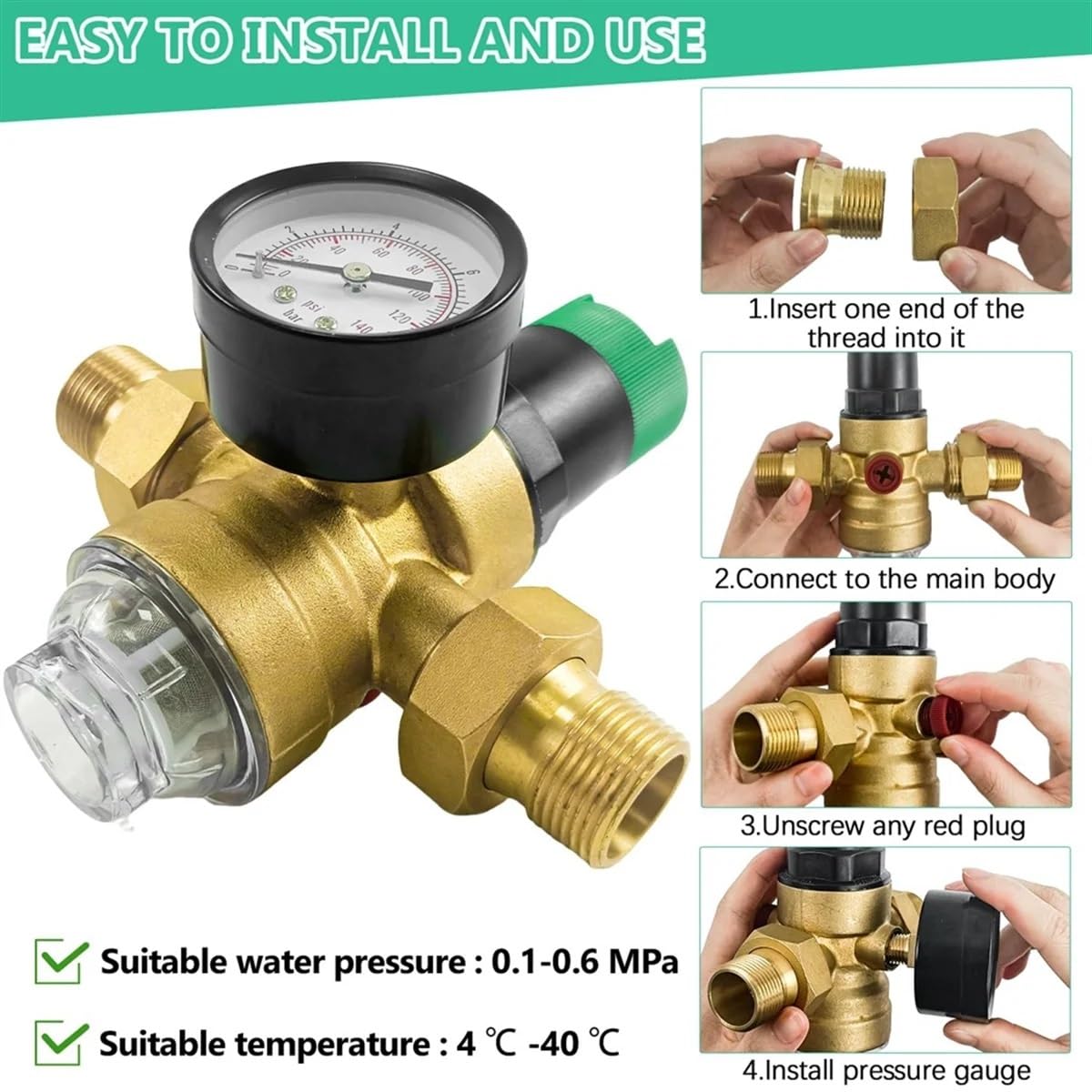 manómetro para Regulador De Presión De Agua De 3/4 Pulgada, Regulador De Presión De Agua Con Manómetro De Agua Y Filtro De Malla Regulador de presión
