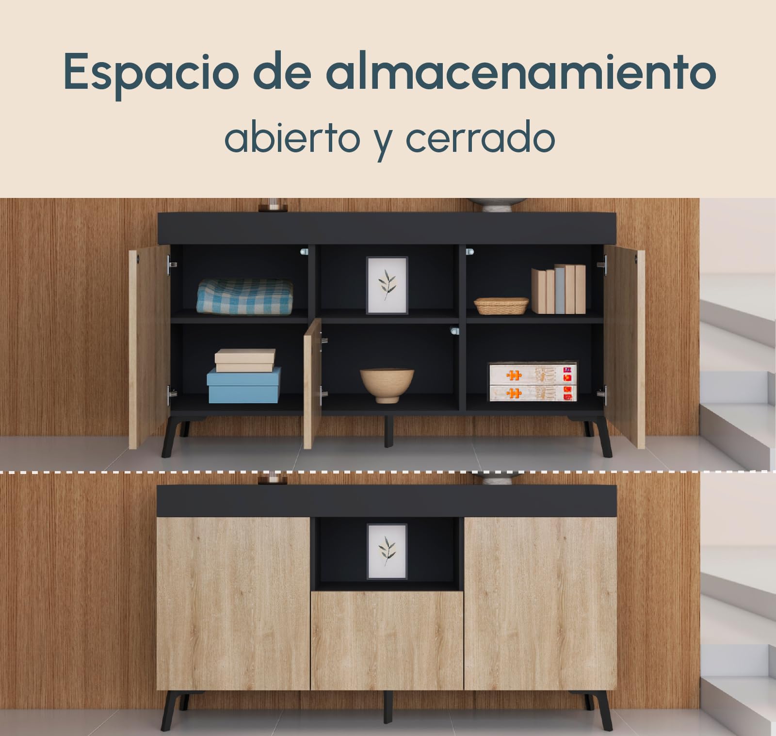 MB Muebles Bonitos | Aparador bajo Kai con 3 Puertas para Salón Comedor Moderno | Mueble de Melamina Mate | Color Negro y Sonoma | 130x70x32,5 cm