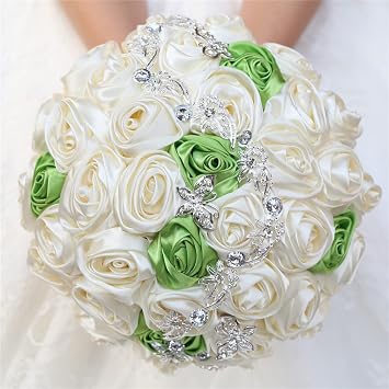 Sharebeauty 9.4" Handmade Satin Rose Bridal Bouquet Toss Round Wedding Bouquet Throw Toss Artificial Flower Bunch Ivory + Lime Green