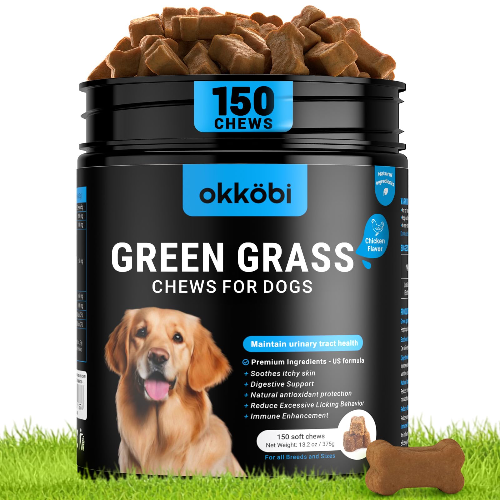 OKKÖBI Dog Urine Neutralizer for Lawn - 150 Chews - Advanced Green Grass Dog Chews - Canine Pee Grass Saver - Green Lawn Treats with Natural