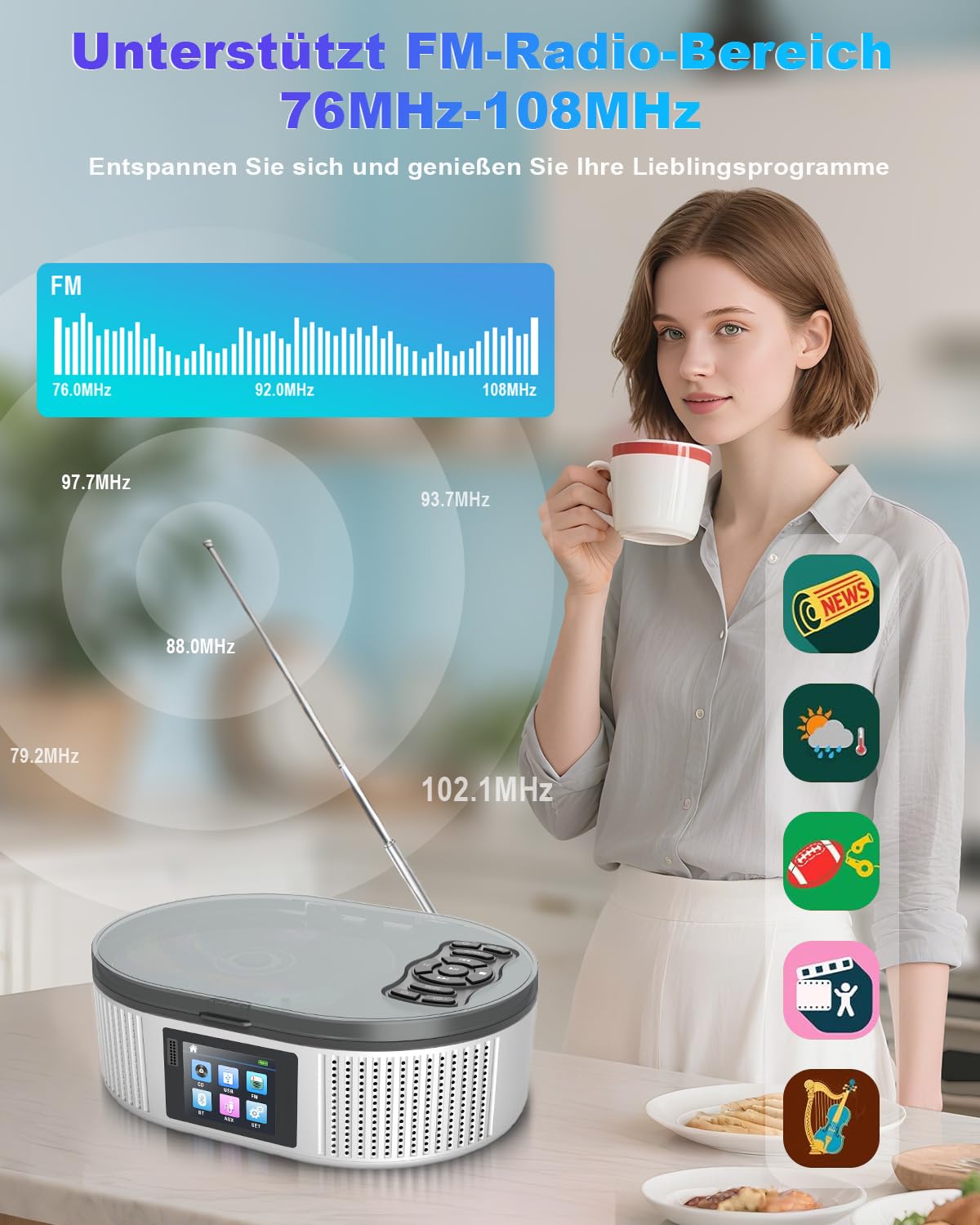 Lecteurs CD Portable Bluetooth 5.3 avec Double Haut-Parleur Stéréo, 4000mAh Rechargeable Lecteur CD Bluetooth contrôle à Distance, écran LCD, Prise en Charge Radio FM/USB/AUX Lecteur CD Portable