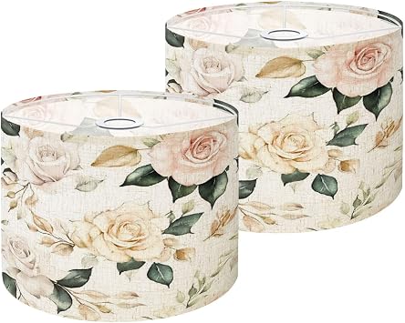 Boho Drum Lamp Shade Set of 2-11" x 11" x 8.9" Seamless watercolor floral pattern pink flowers gold elements green Replacement Natural Linen Lampshades for Table Lamps, Floor Lamps Easy Assembly