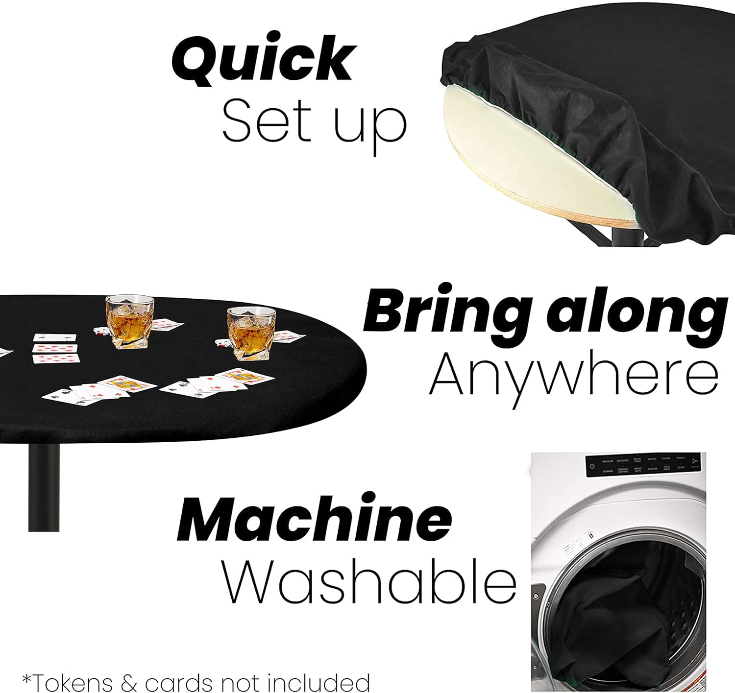 Felt Card Game Table Cover for Poker, Mahjong, Domino, Bridge and Board Game, Elastic Fitted Tablecloth for 48 x 68 Inch Oval Tables - Black